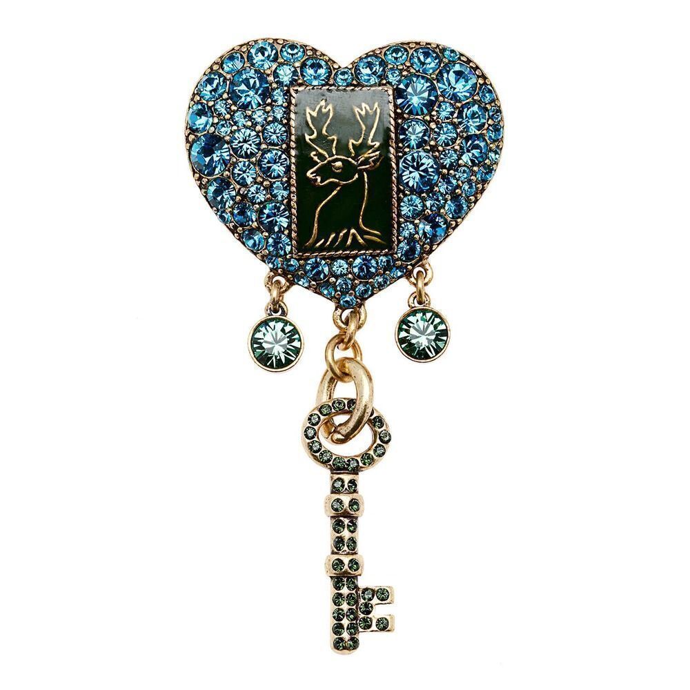 Pilgrim Skanderborg Blue Crystal Heart With Dangling Goldtone and Crystal Brooch